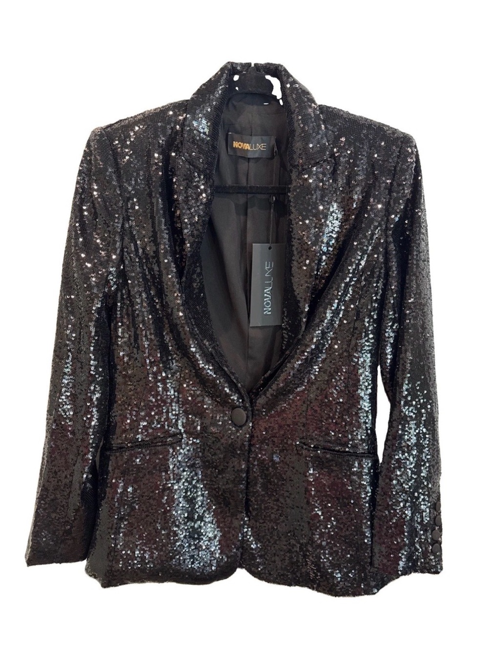 NWT FASHION NOVA LUXE Black Sequined Faux Pockets Blazer Jacket Womens XS